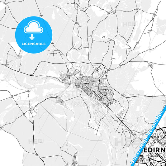 Edirne, Turkey light map with streetnames, citynames and districts