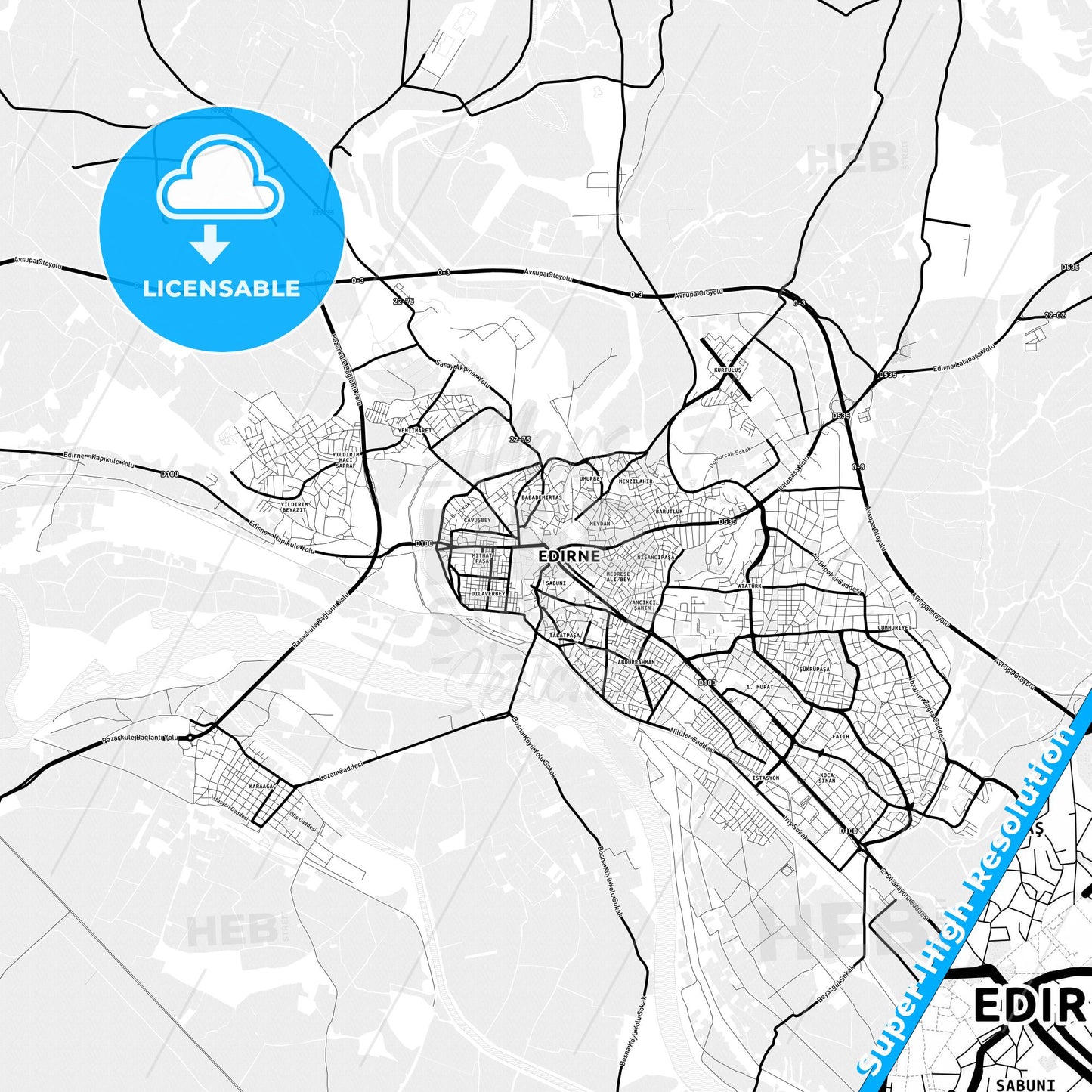 Edirne, Turkey Light Map with Street Names, City Names, and Districts