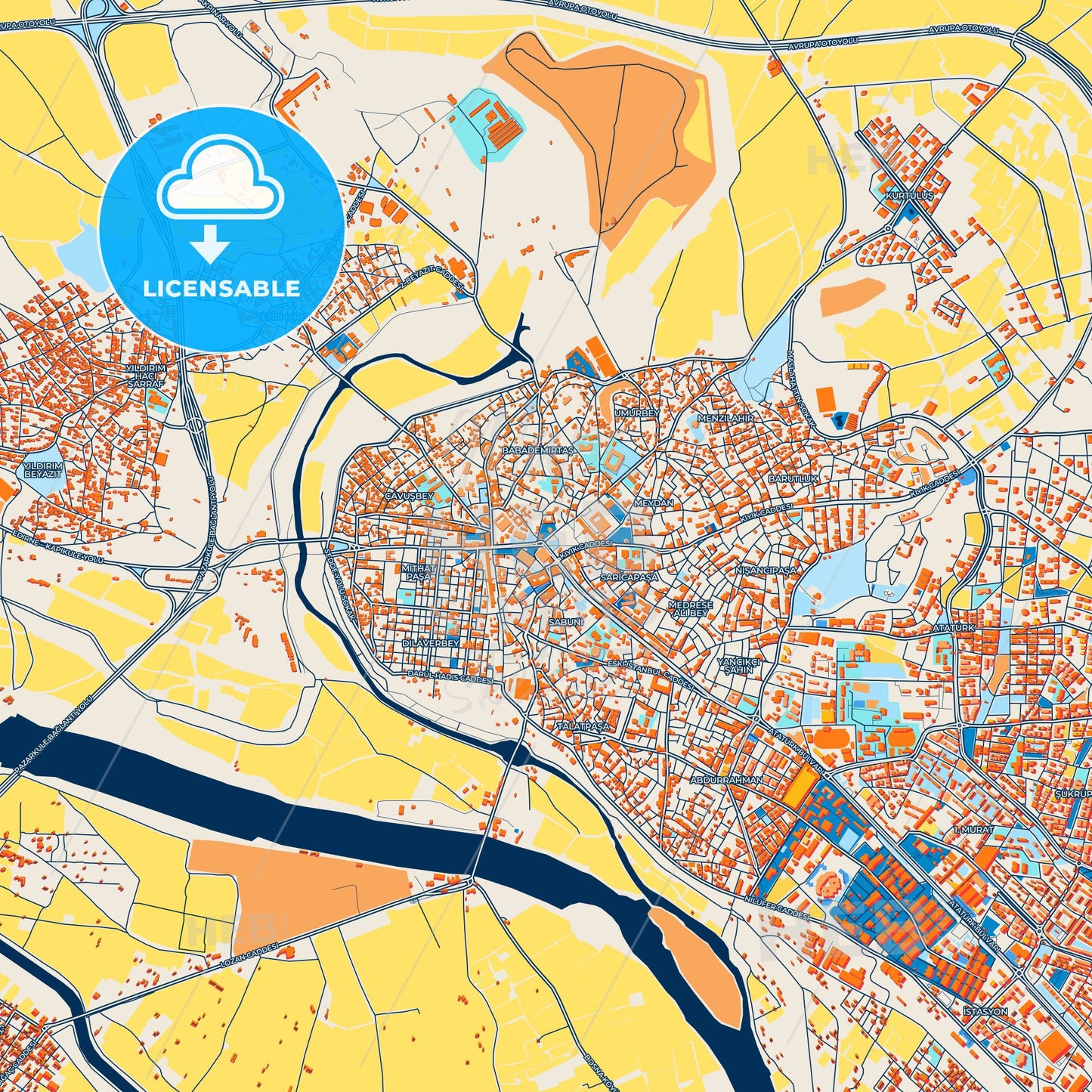 Colorful Edirne Street Map with Labels and Buildings