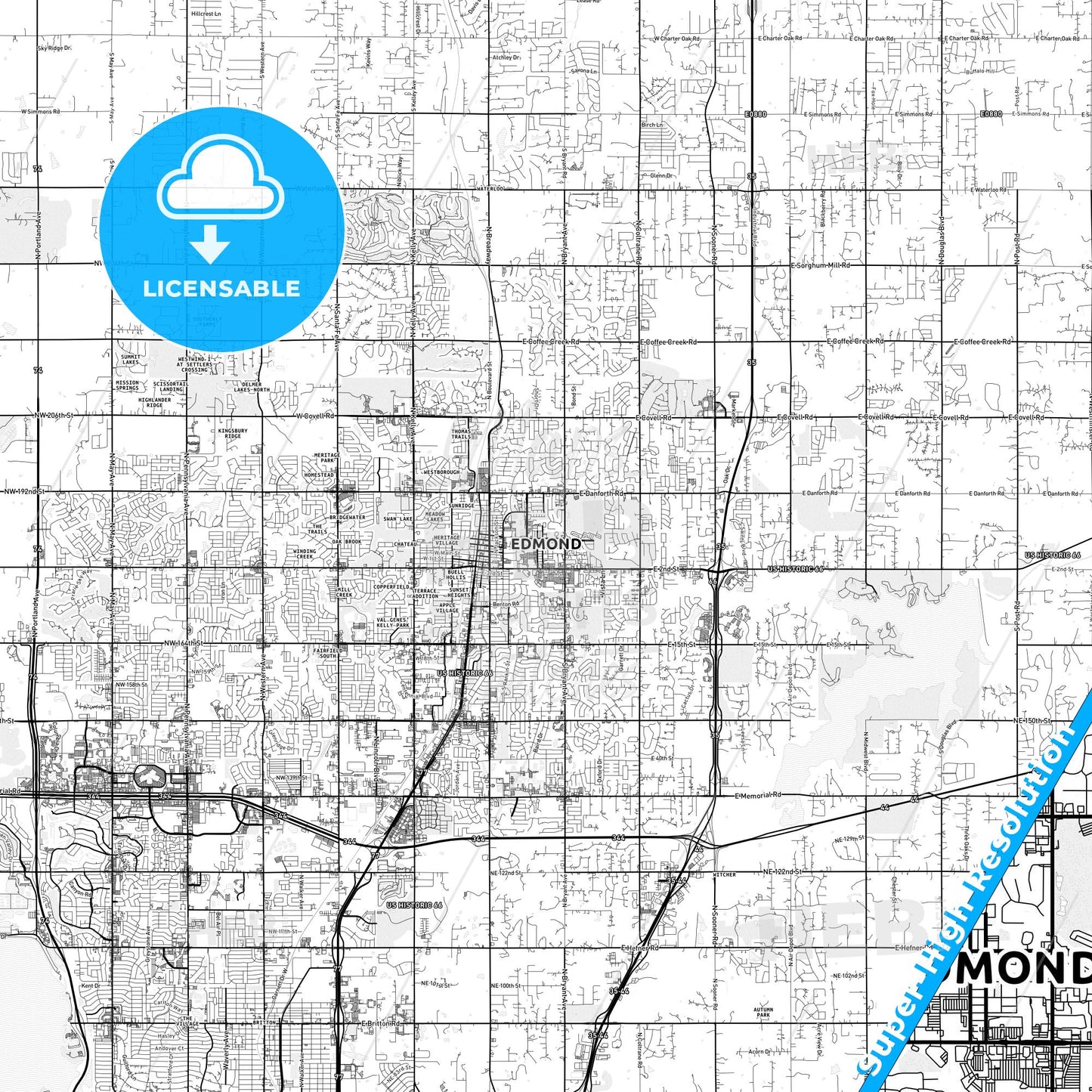 Edmond, Oklahoma light map with streetnames, citynames and districts