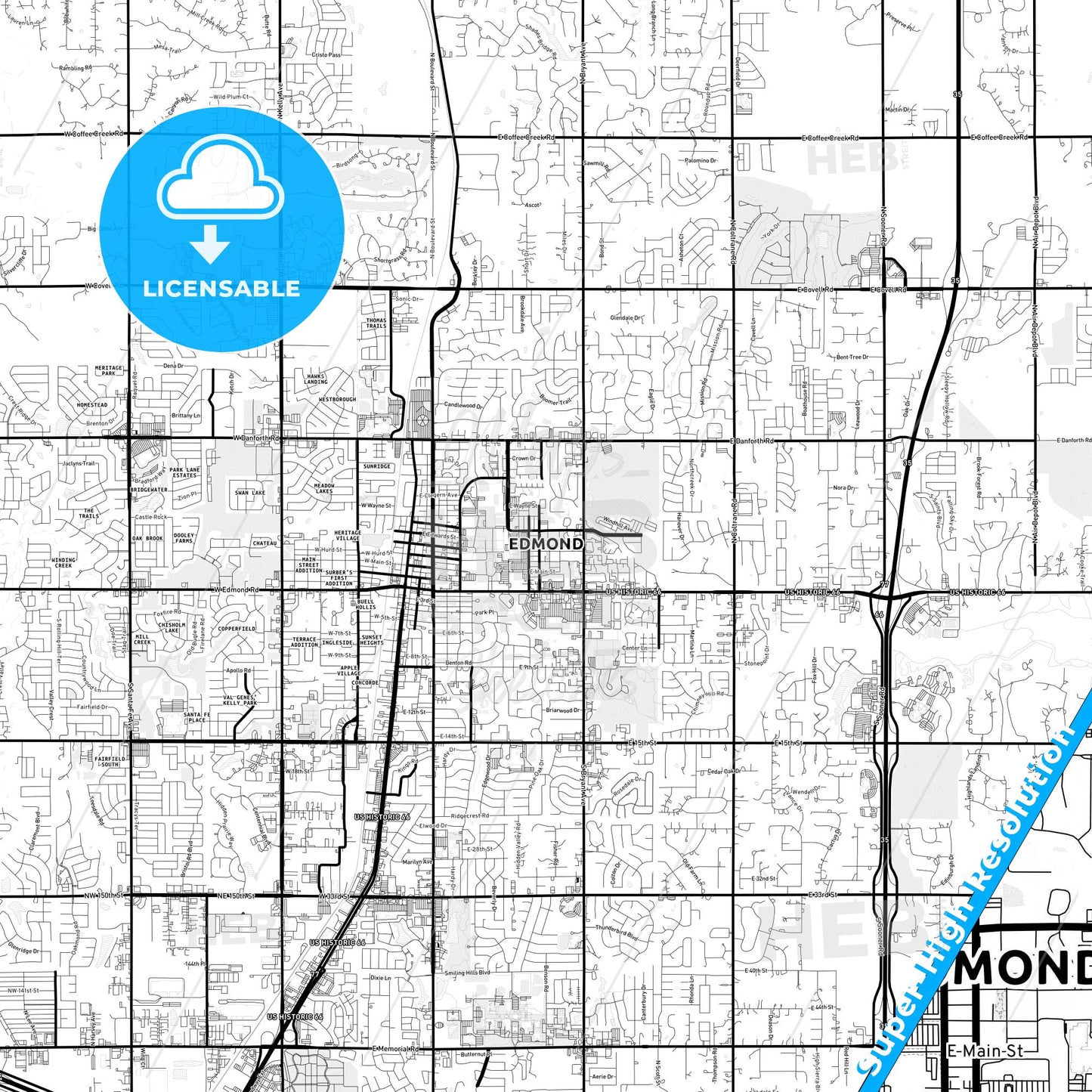 Edmond, Oklahoma Light Map with Street Names, City Names, and Districts