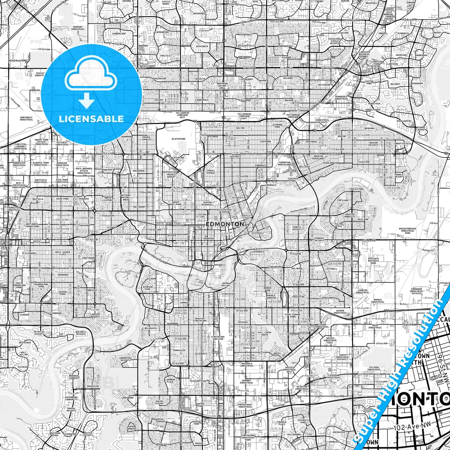 Edmonton, Canada light map with streetnames, citynames and districts