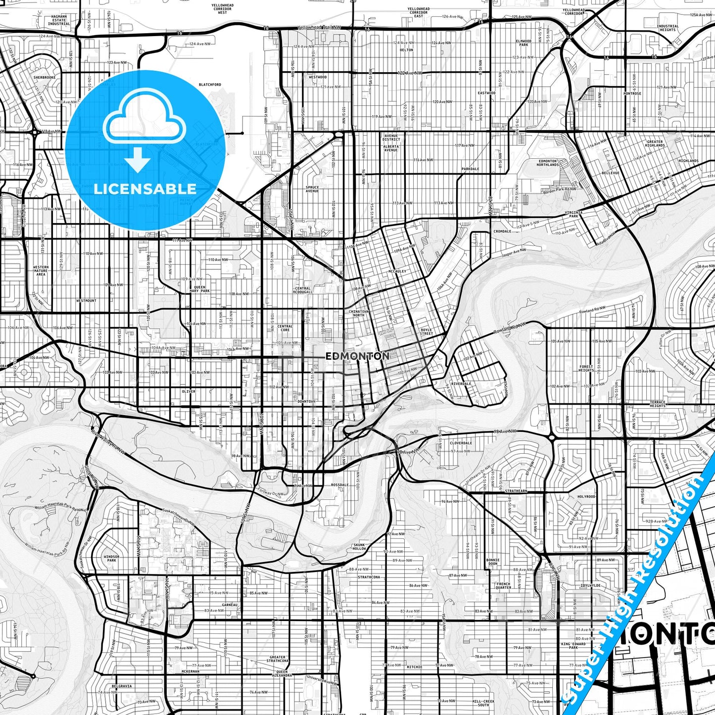 Edmonton, Canada Light Map with Street Names, City Names, and Districts
