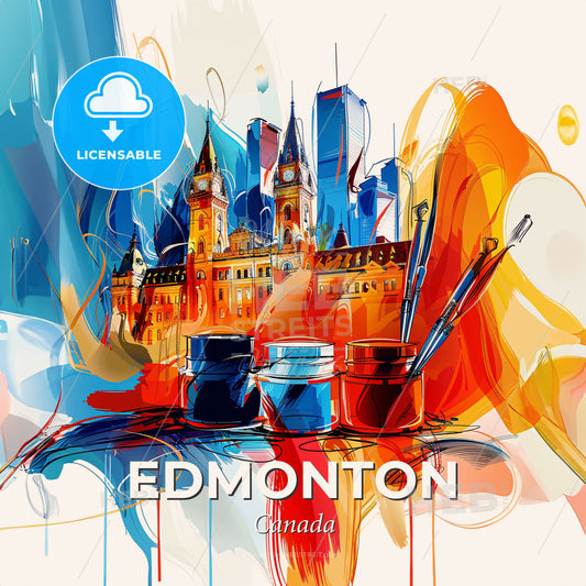 Vibrant Edmonton, Canada - A Painting Of A Building With A City In The Background - Square format print template
