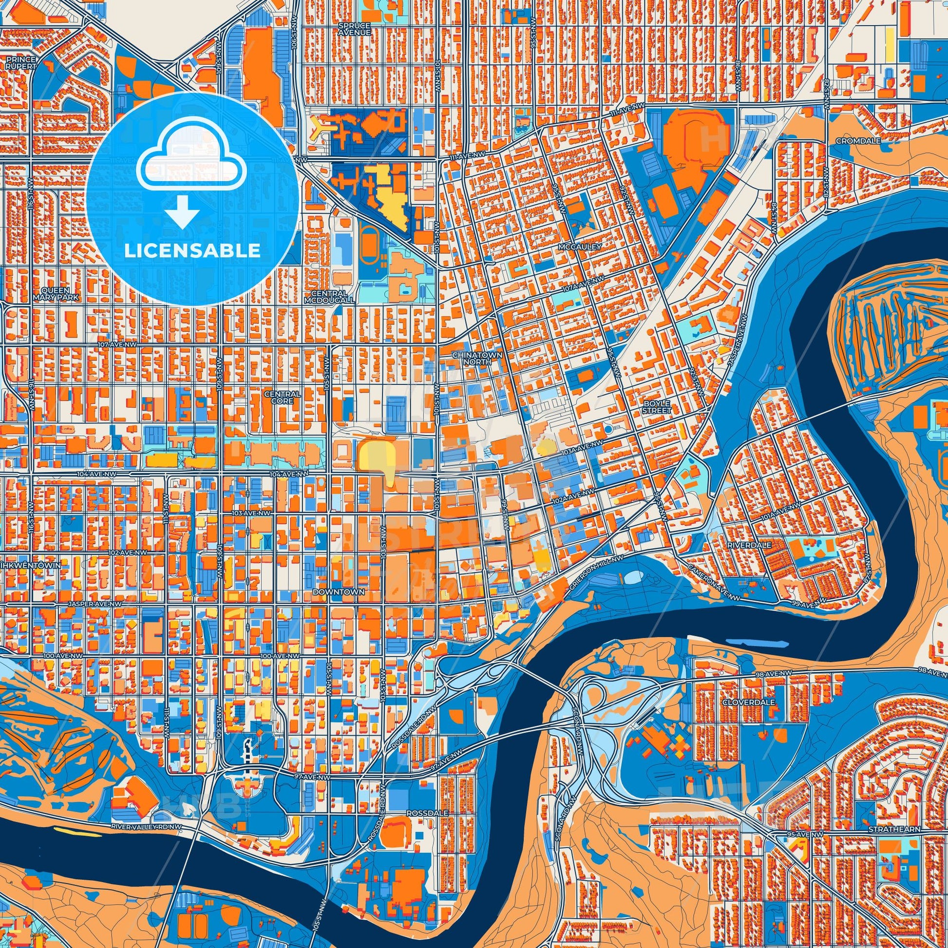 Colorful Edmonton Street Map with Labels and Buildings