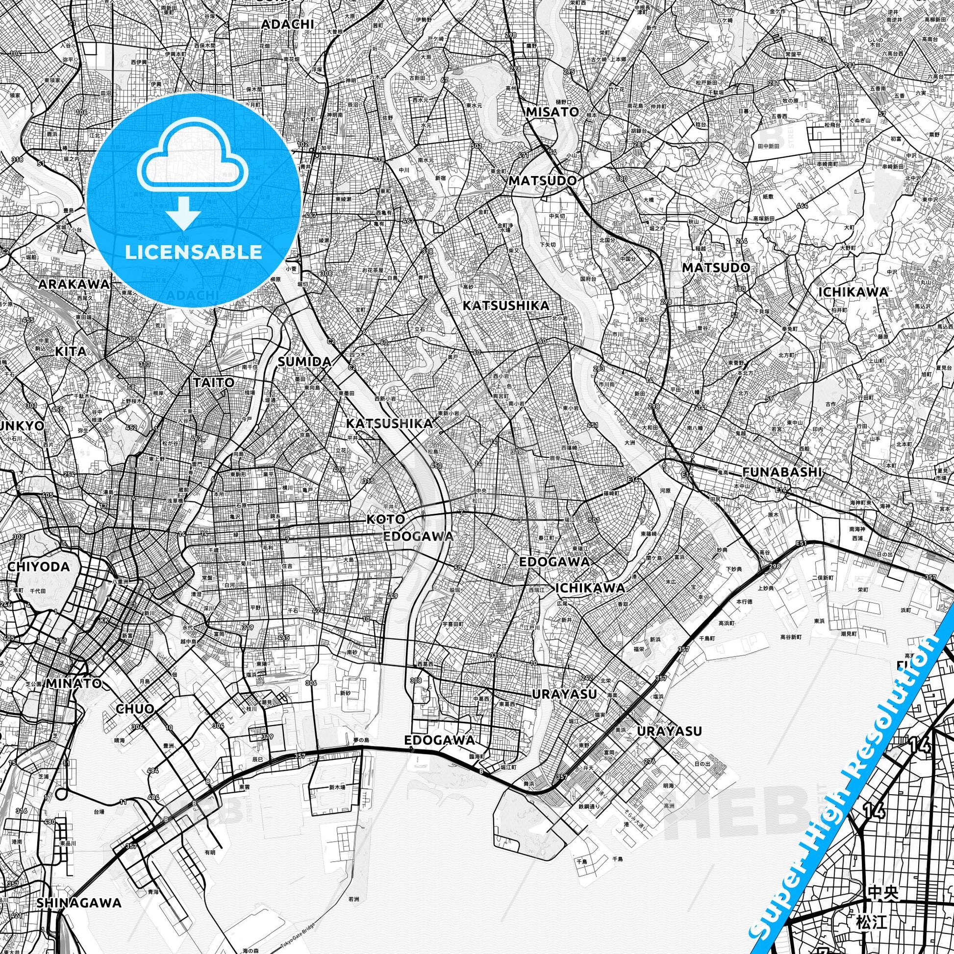 Edogawa, Japan light map with streetnames, citynames and districts