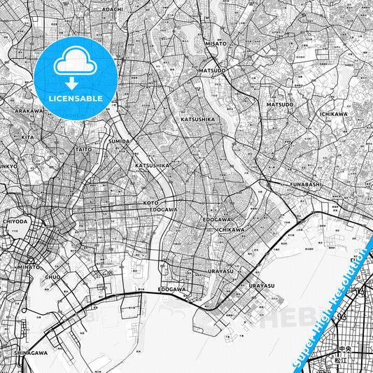 Edogawa, Japan light map with streetnames, citynames and districts
