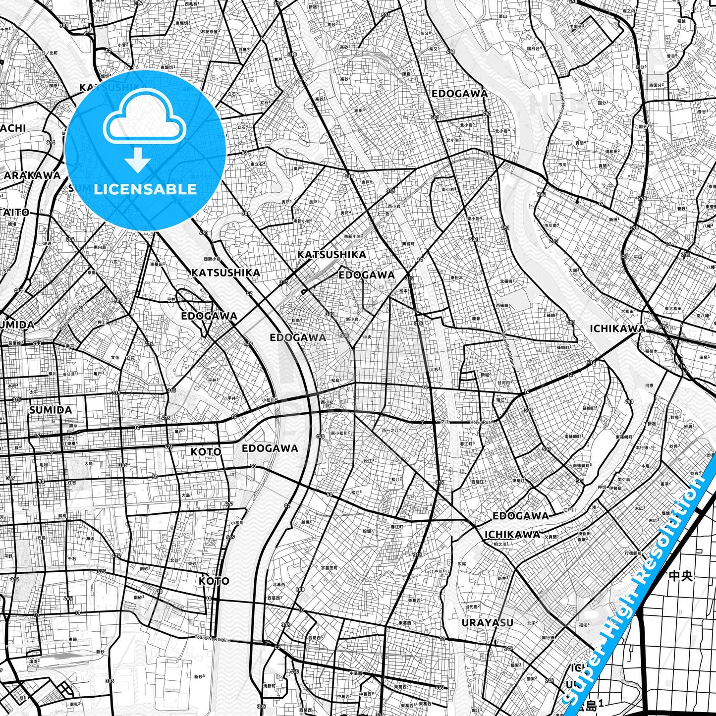 Edogawa, Japan Light Map with Street Names, City Names, and Districts