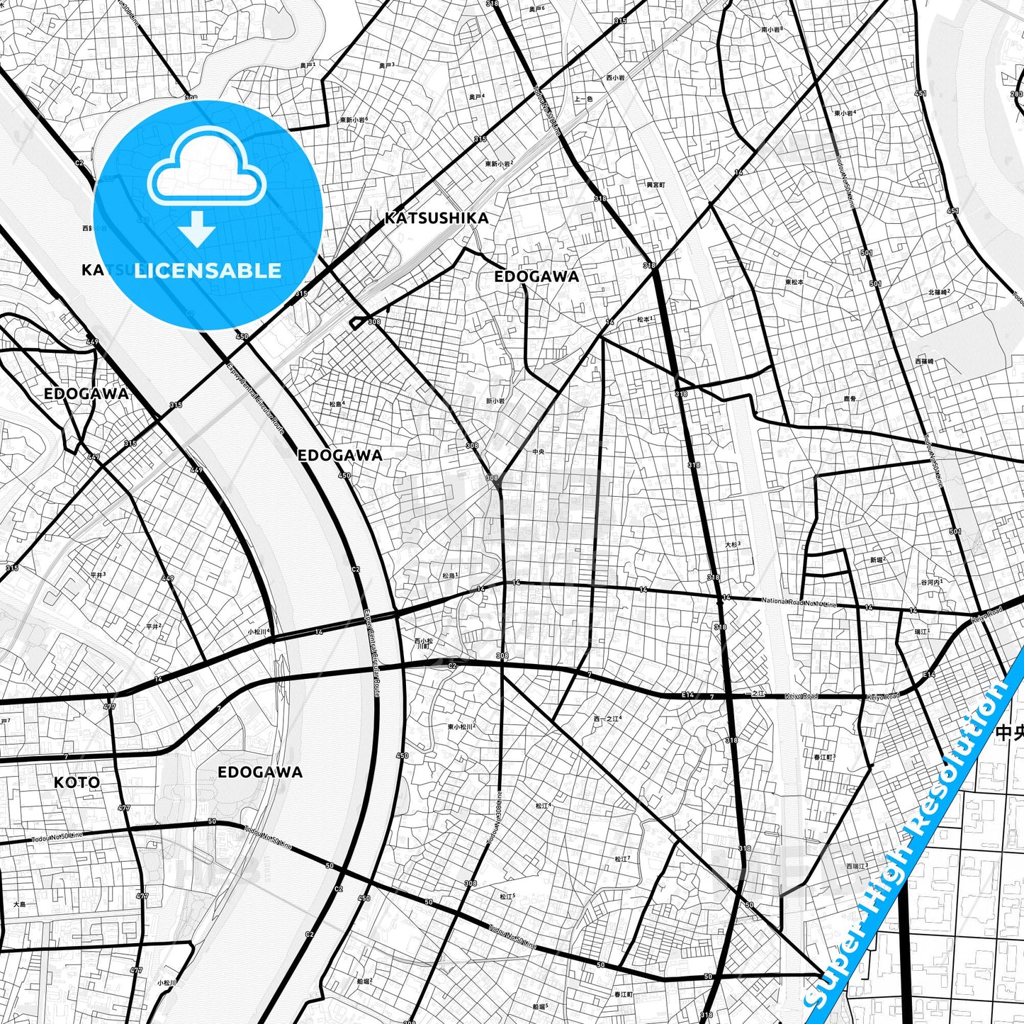 Edogawa, Japan Light Map with Street Names, City Names, and Districts