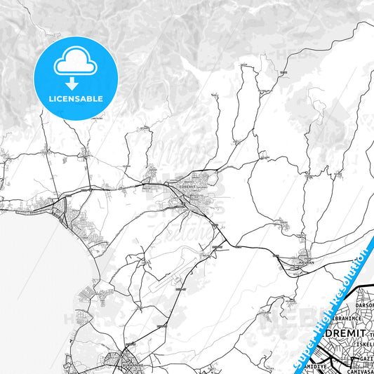 Edremit, Turkey light map with streetnames, citynames and districts