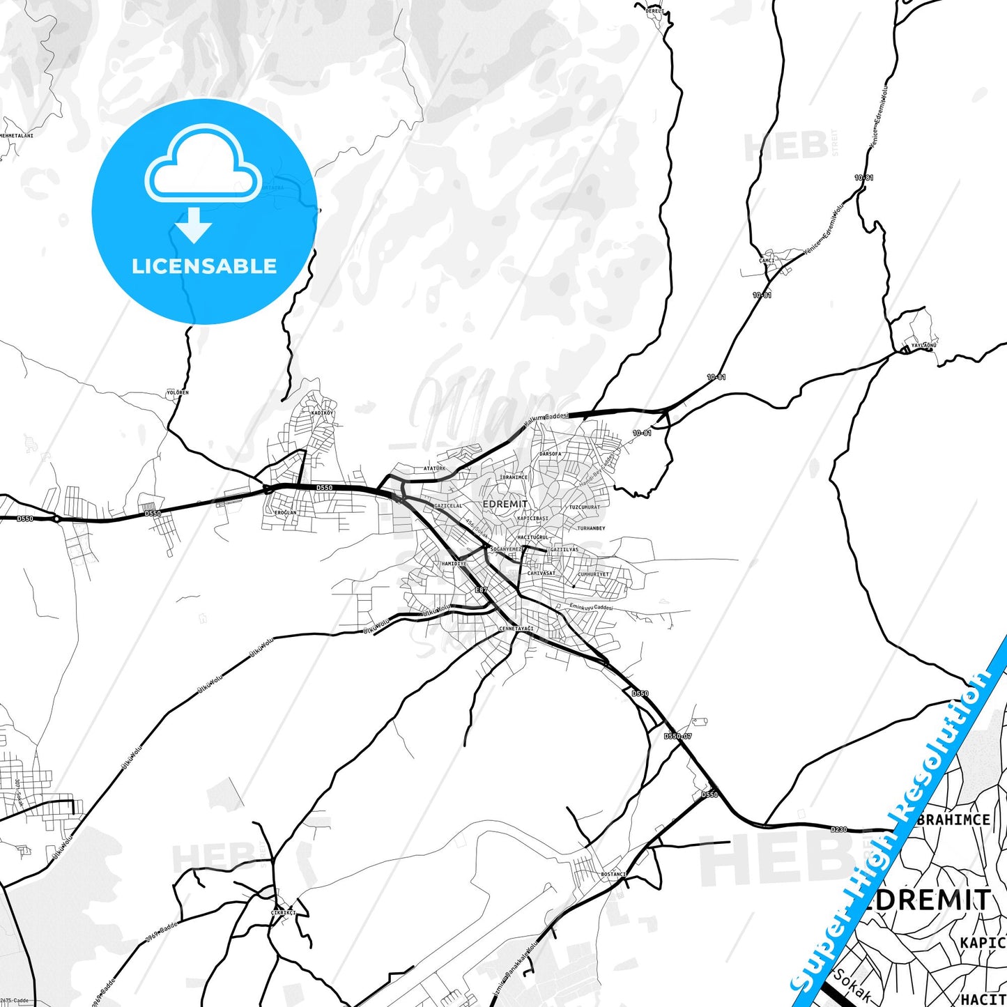 Edremit, Turkey Light Map with Street Names, City Names, and Districts