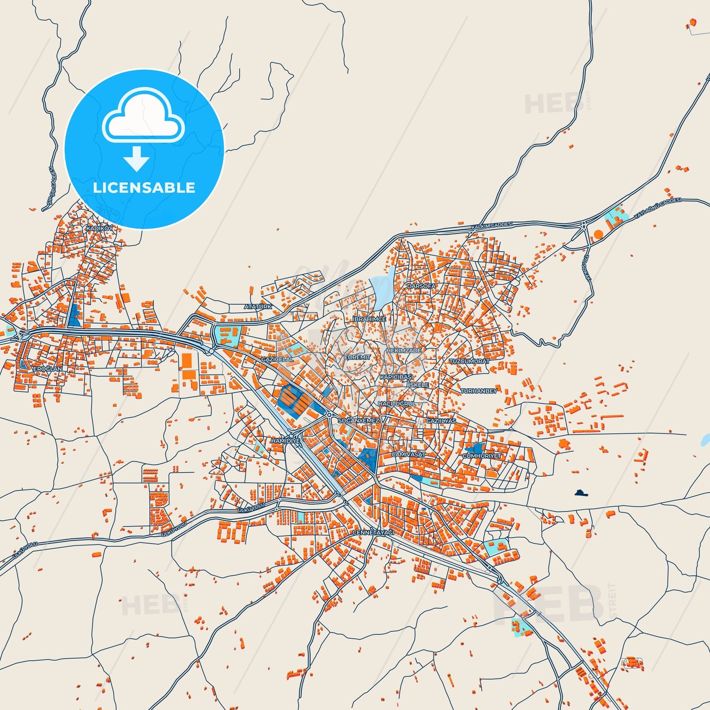 Colorful Edremit Street Map with Labels and Buildings