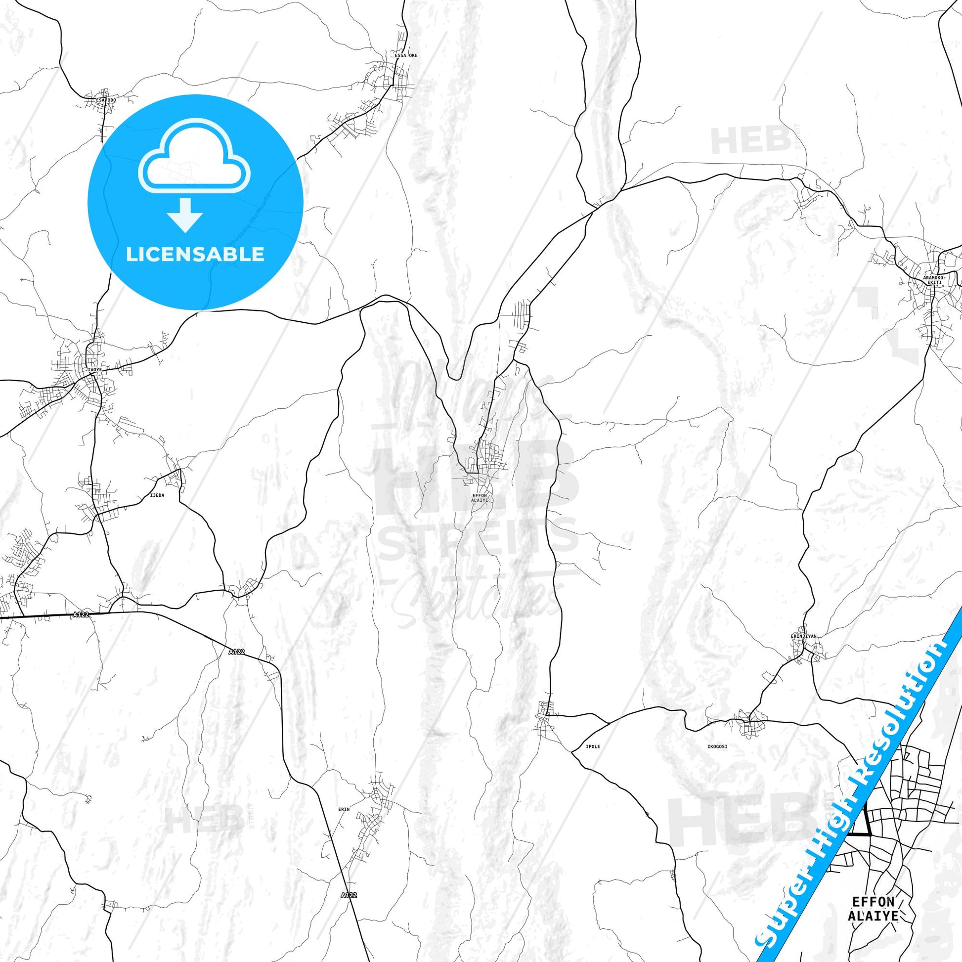 Efon-Alaaye, Nigeria light map with streetnames, citynames and districts