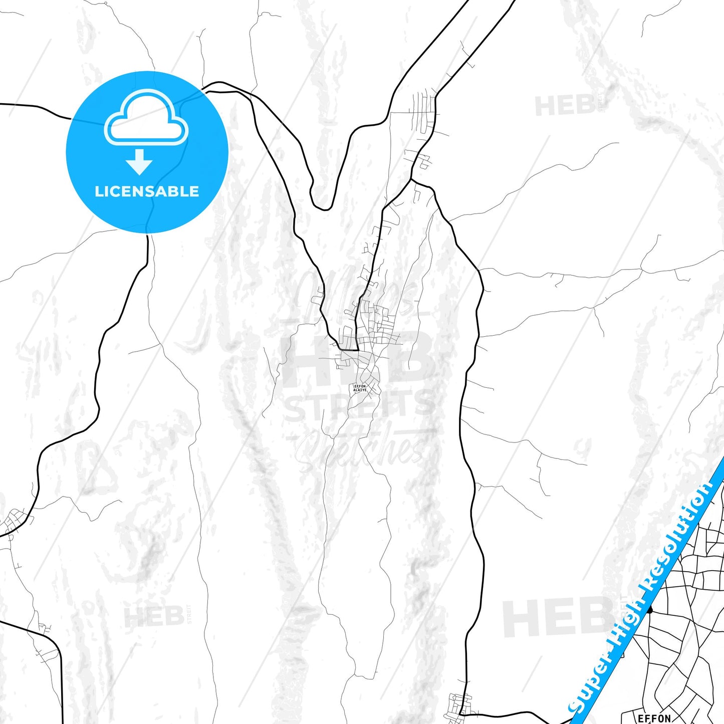 Efon-Alaaye, Nigeria Light Map with Street Names, City Names, and Districts