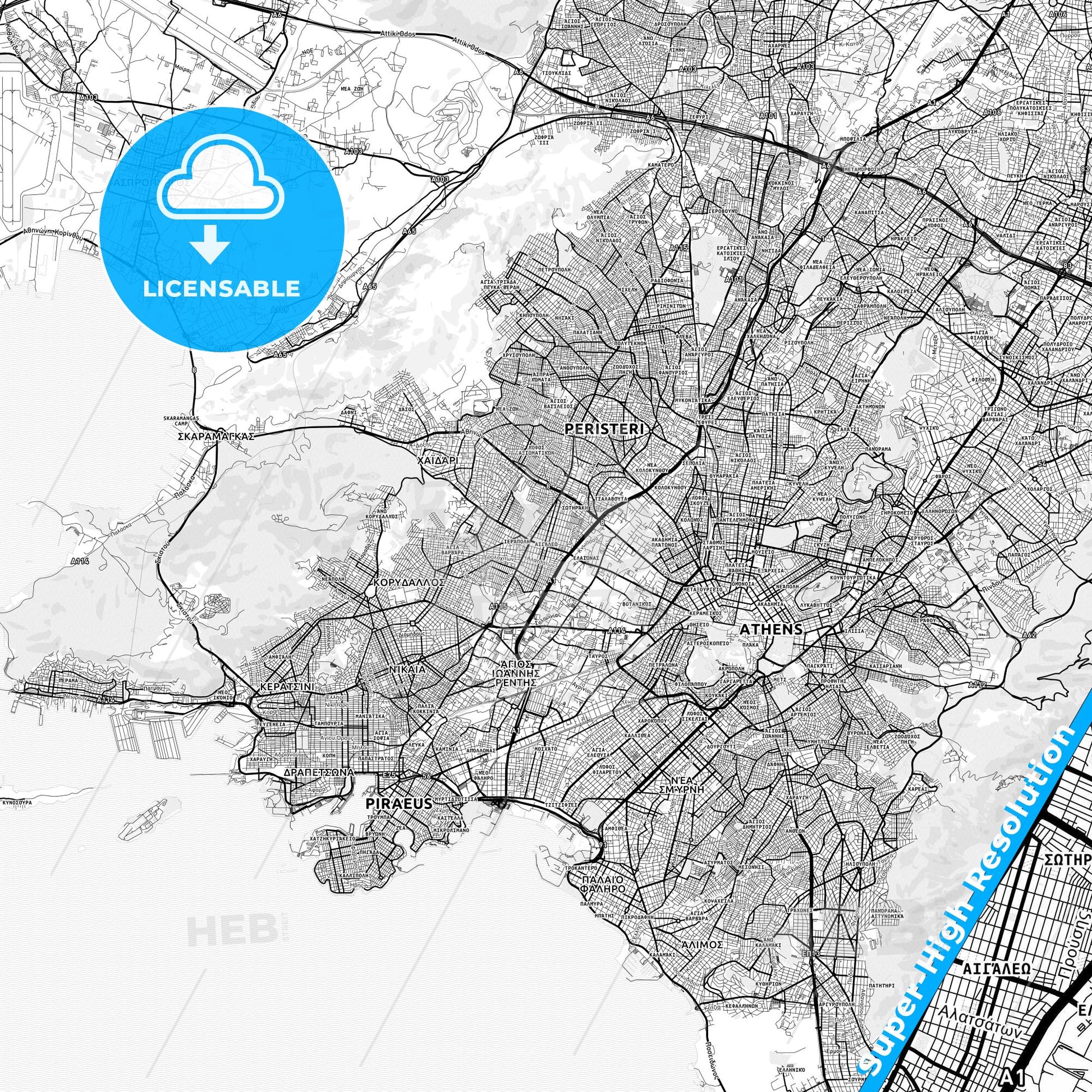 Egaleo, Greece light map with streetnames, citynames and districts