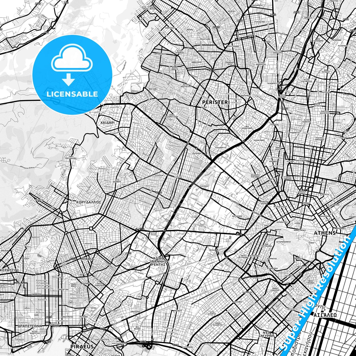 Egaleo, Greece Light Map with Street Names, City Names, and Districts