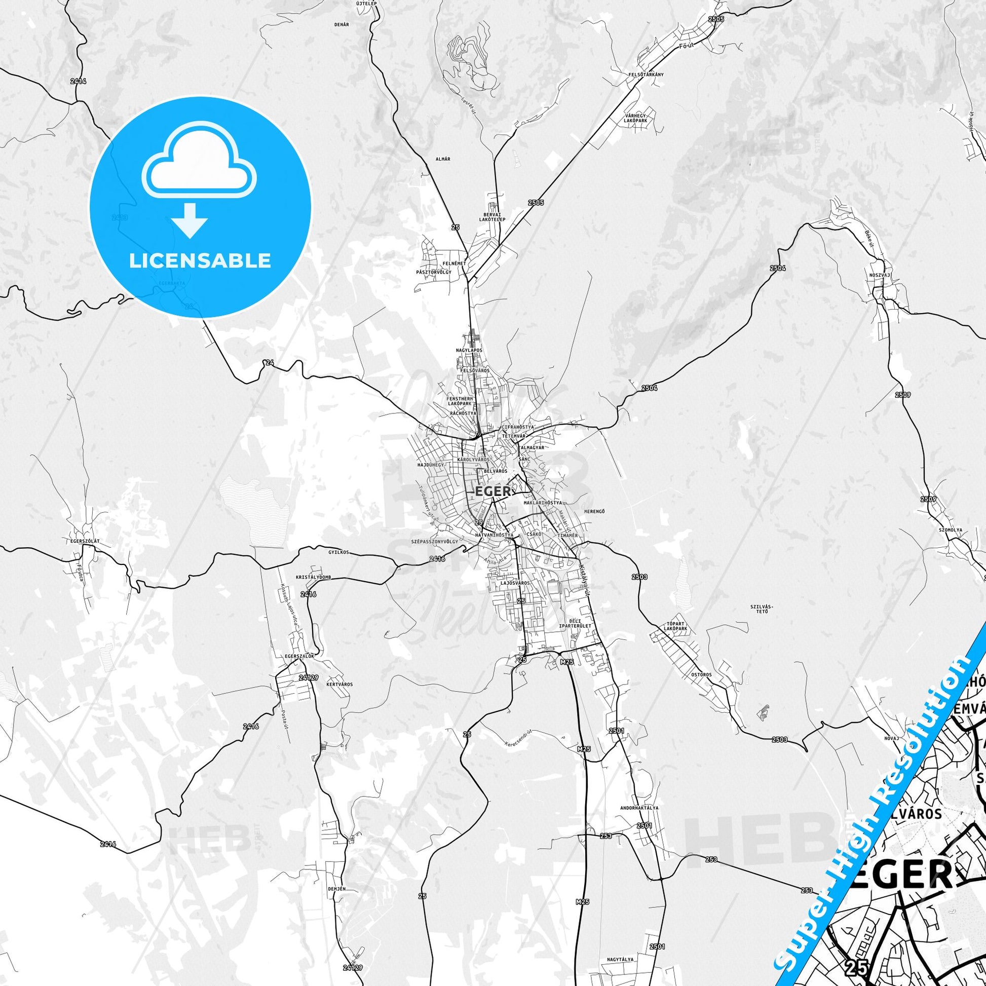 Eger, Hungary light map with streetnames, citynames and districts