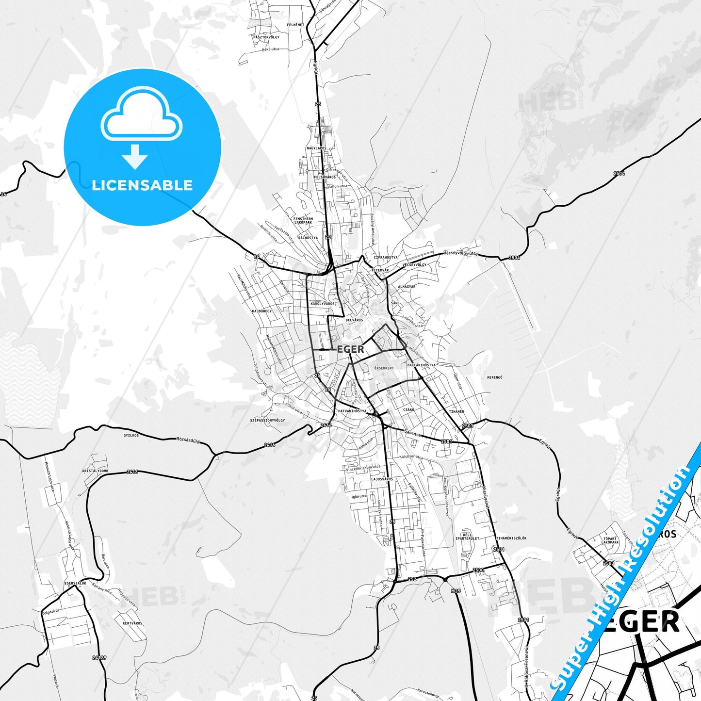 Eger, Hungary Light Map with Street Names, City Names, and Districts