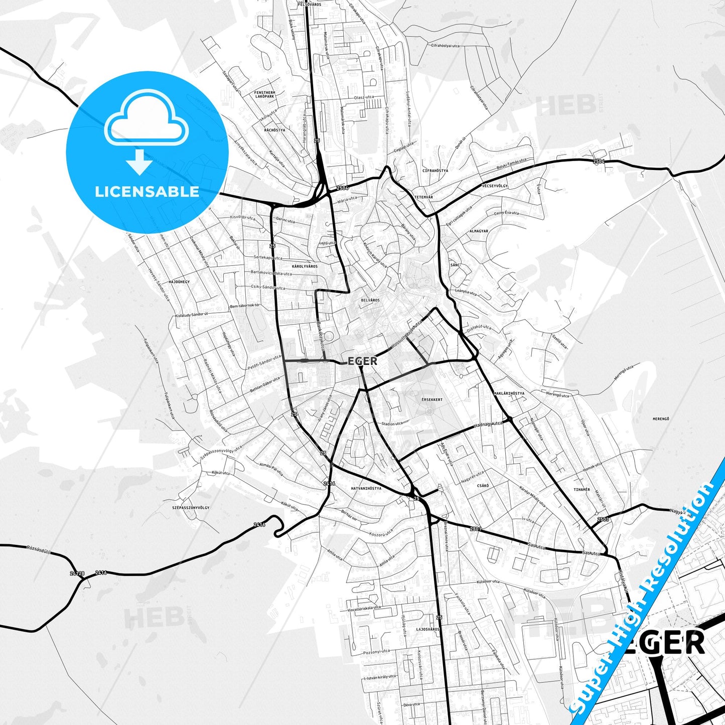 Eger, Hungary Light Map with Street Names, City Names, and Districts