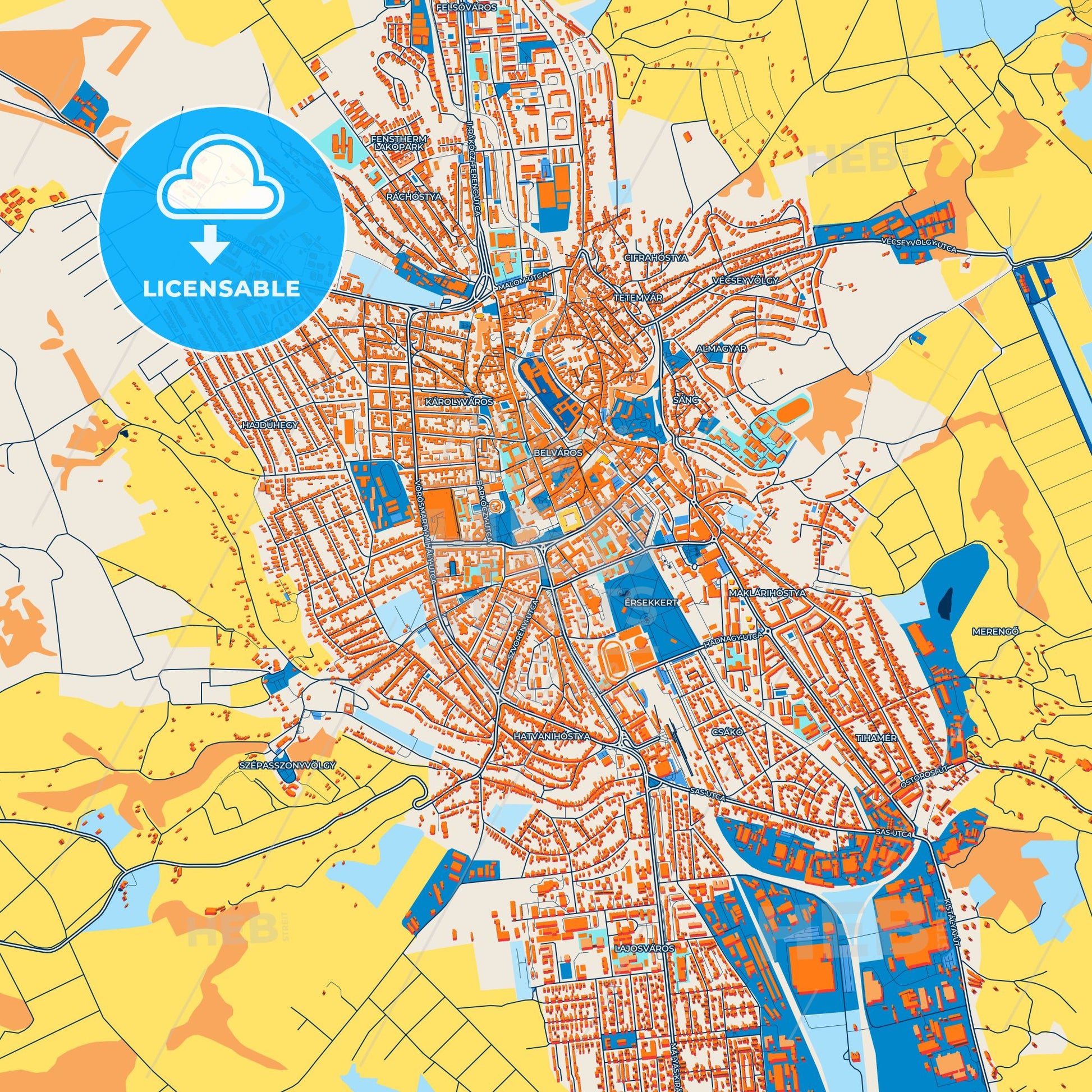 Colorful Eger Street Map with Labels and Buildings