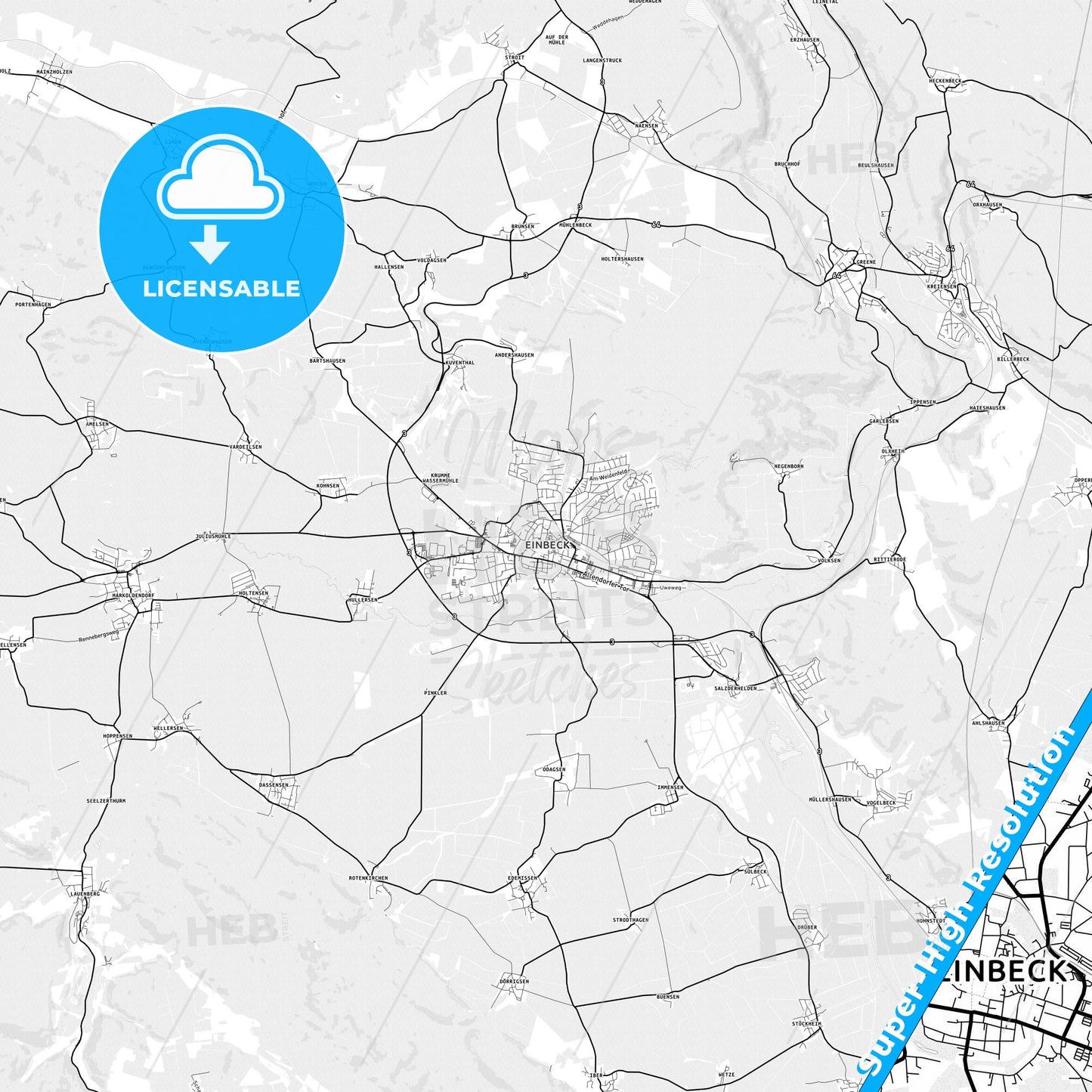 Einbeck, Germany light map with streetnames, citynames and districts