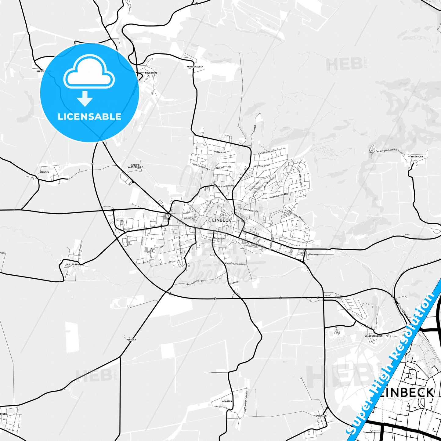 Einbeck, Germany Light Map with Street Names, City Names, and Districts