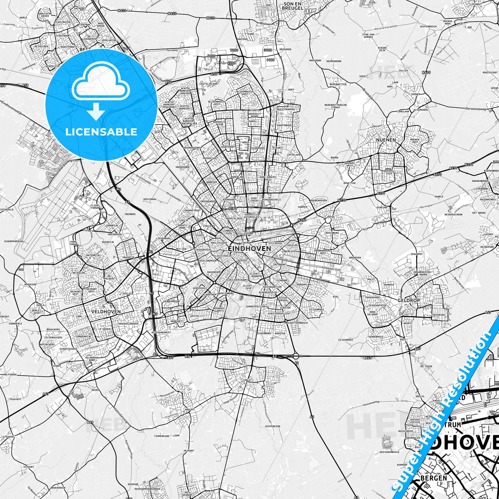 Eindhoven, Netherlands light map with streetnames, citynames and districts