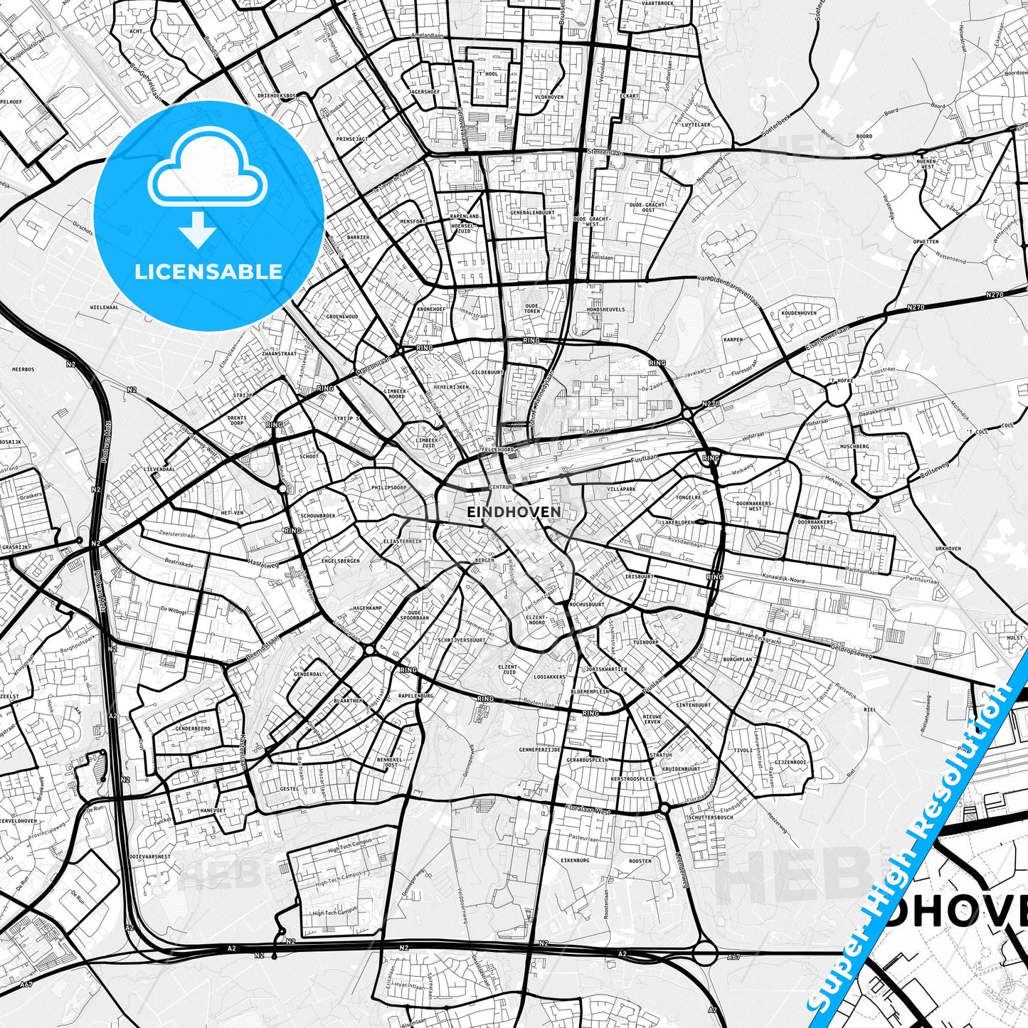 Eindhoven, Netherlands Light Map with Street Names, City Names, and Districts