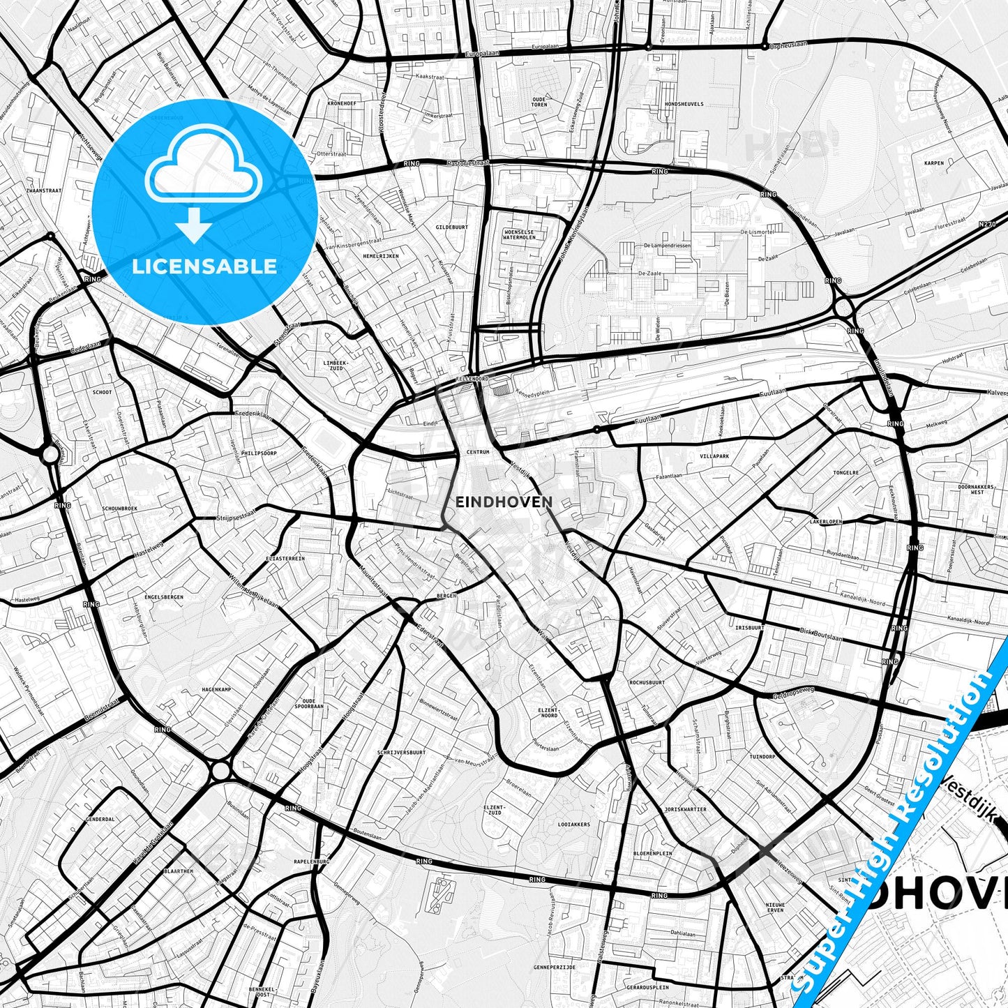 Eindhoven, Netherlands Light Map with Street Names, City Names, and Districts
