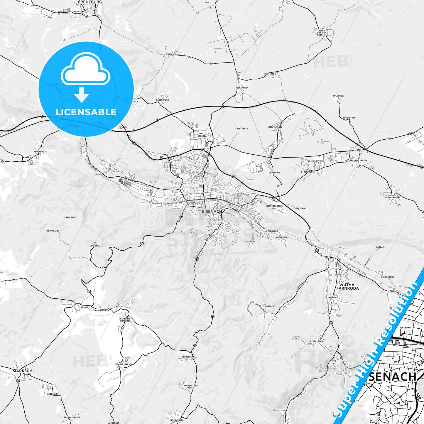 Eisenach, Germany light map with streetnames, citynames and districts