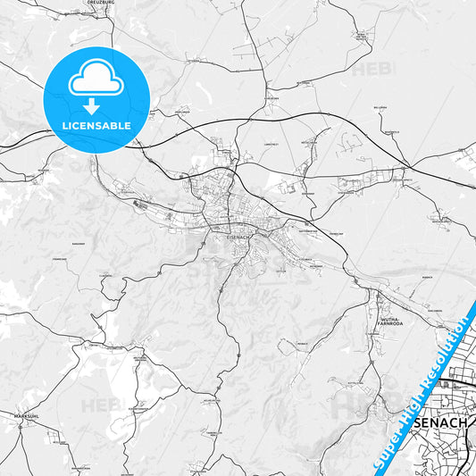Eisenach, Germany light map with streetnames, citynames and districts