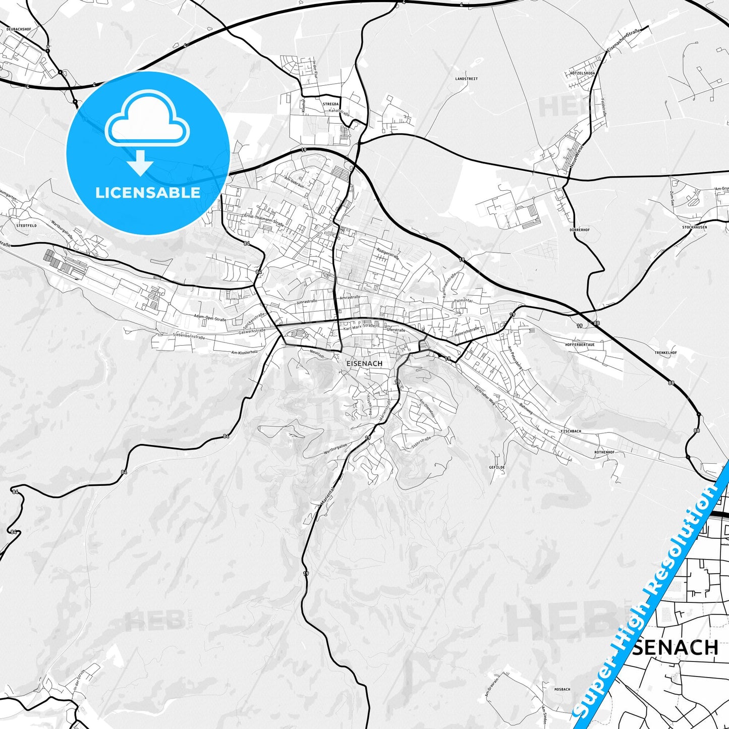 Eisenach, Germany Light Map with Street Names, City Names, and Districts
