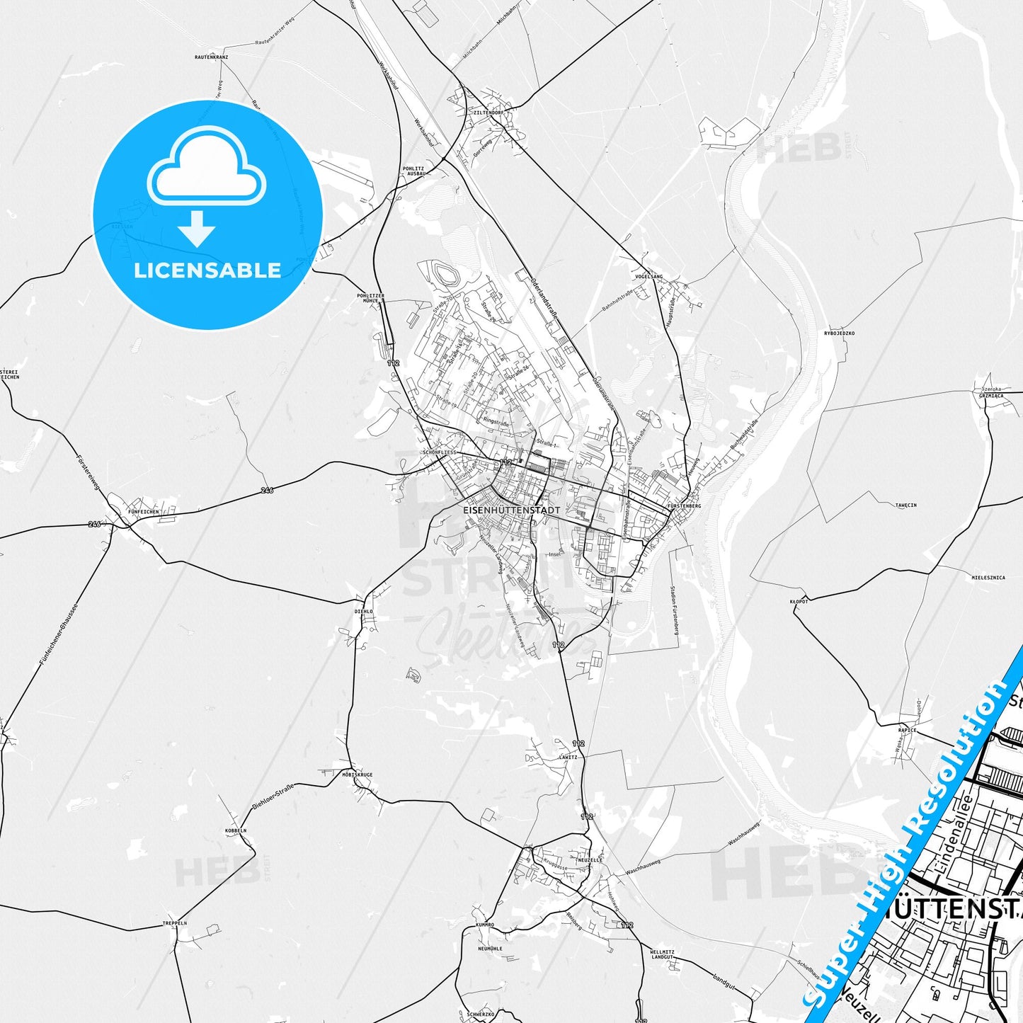 Eisenhuttenstadt, Germany light map with streetnames, citynames and districts