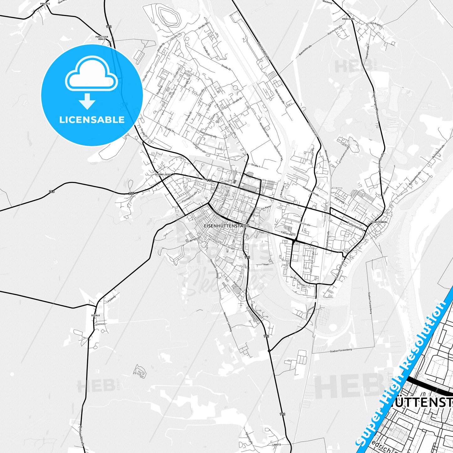Eisenhuttenstadt, Germany Light Map with Street Names, City Names, and Districts