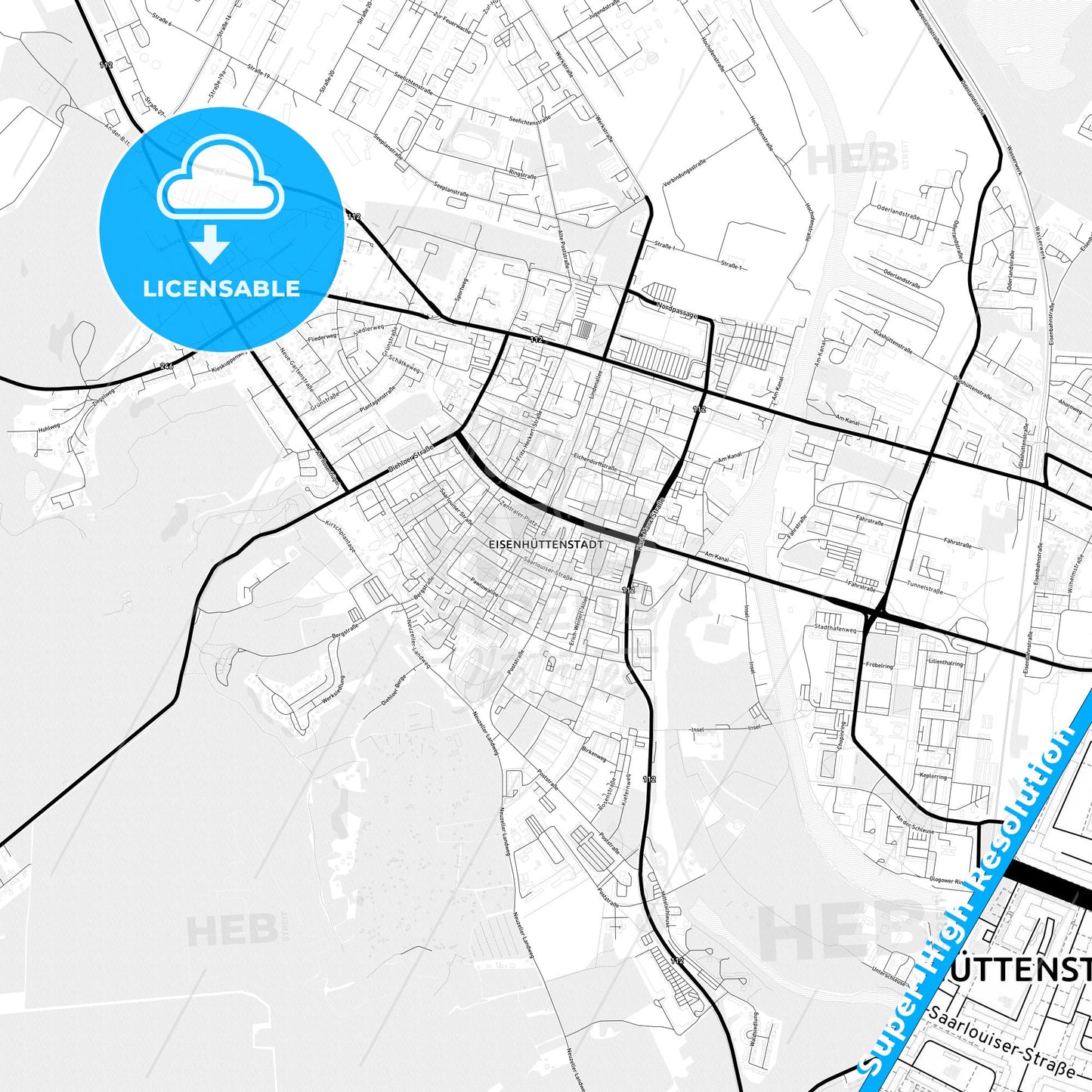 Eisenhuttenstadt, Germany Light Map with Street Names, City Names, and Districts