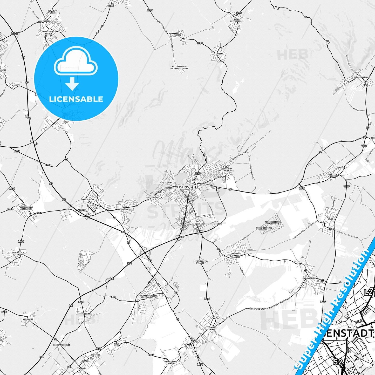 Eisenstadt, Austria light map with streetnames, citynames and districts