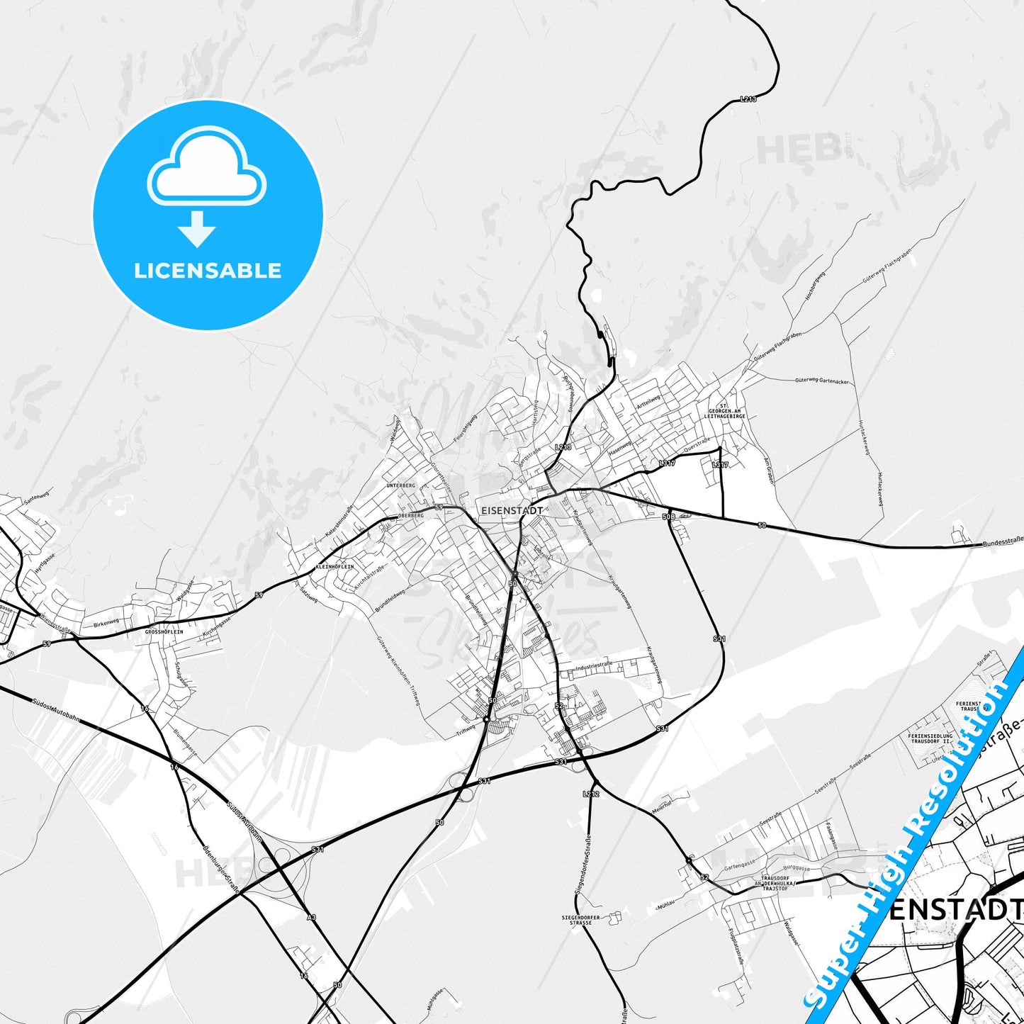 Eisenstadt, Austria Light Map with Street Names, City Names, and Districts