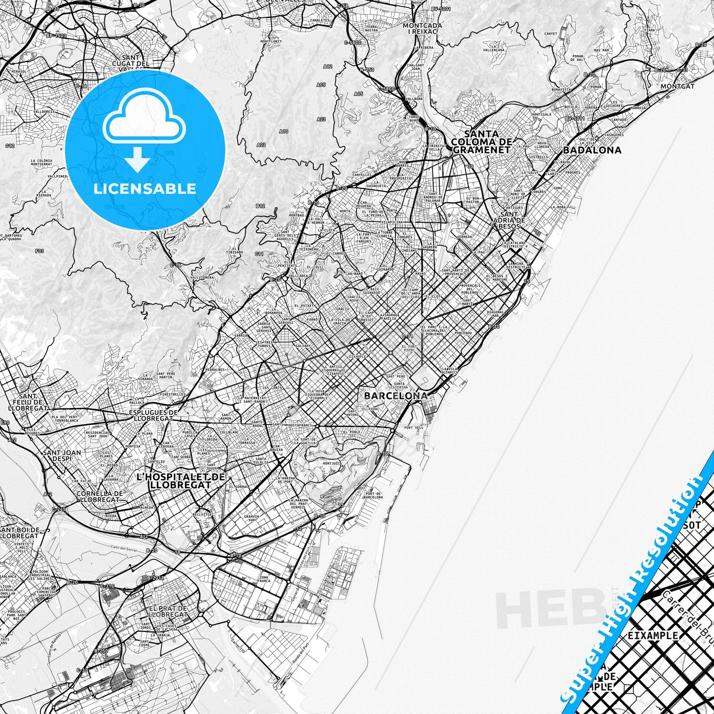 Eixample, Spain light map with streetnames, citynames and districts