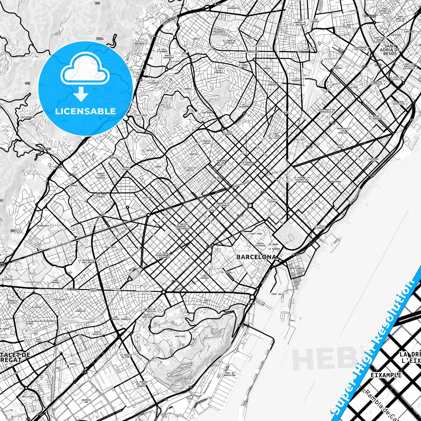 Eixample, Spain Light Map with Street Names, City Names, and Districts