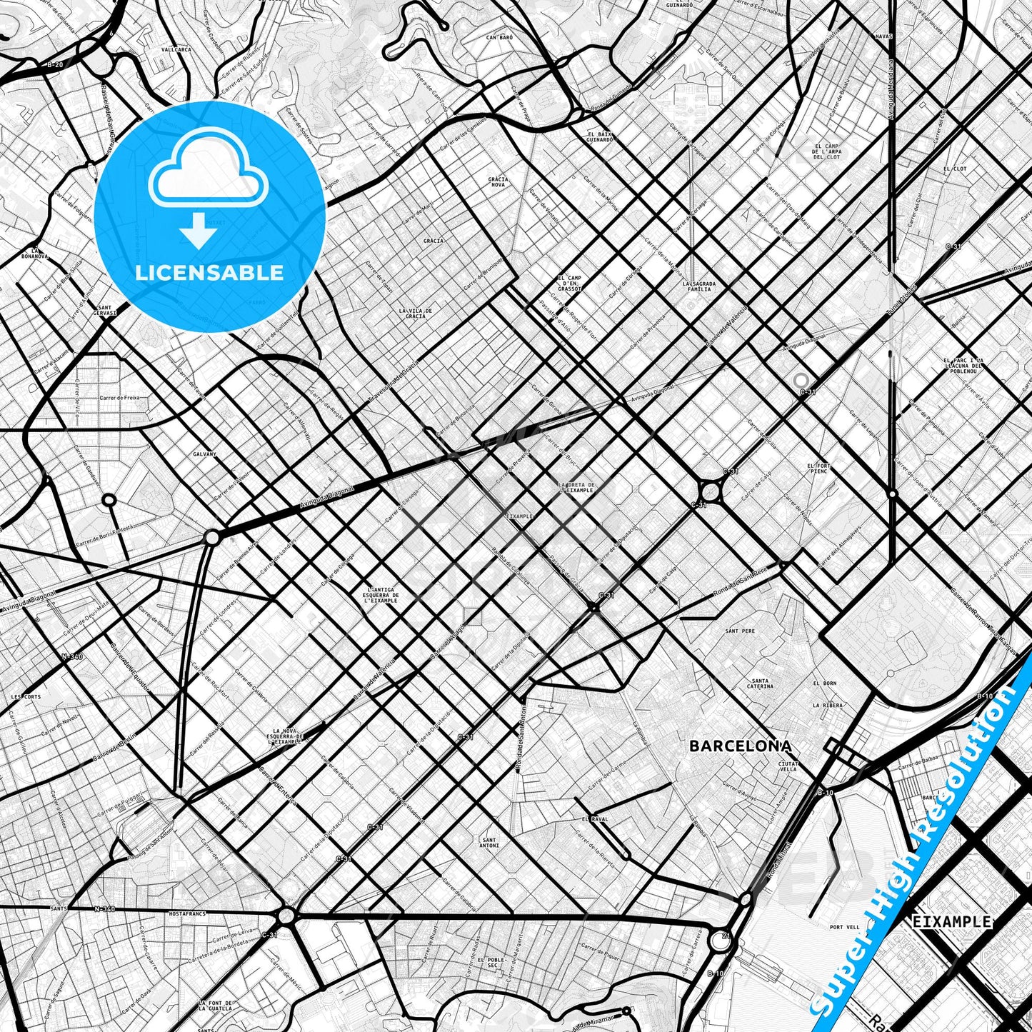 Eixample, Spain Light Map with Street Names, City Names, and Districts