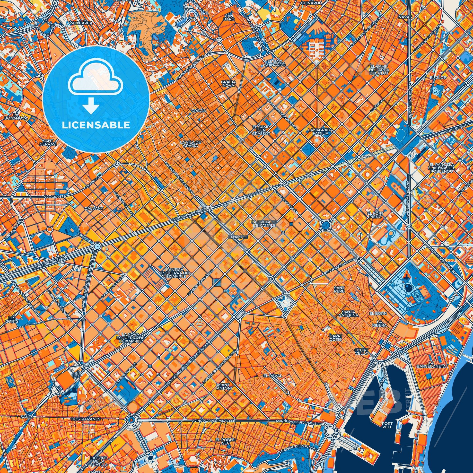 Colorful Eixample Street Map with Labels and Buildings