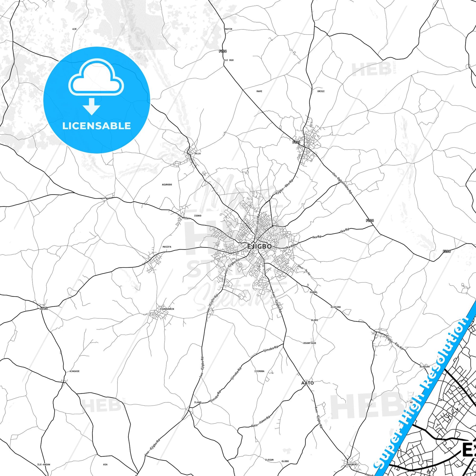 Ejigbo, Nigeria light map with streetnames, citynames and districts