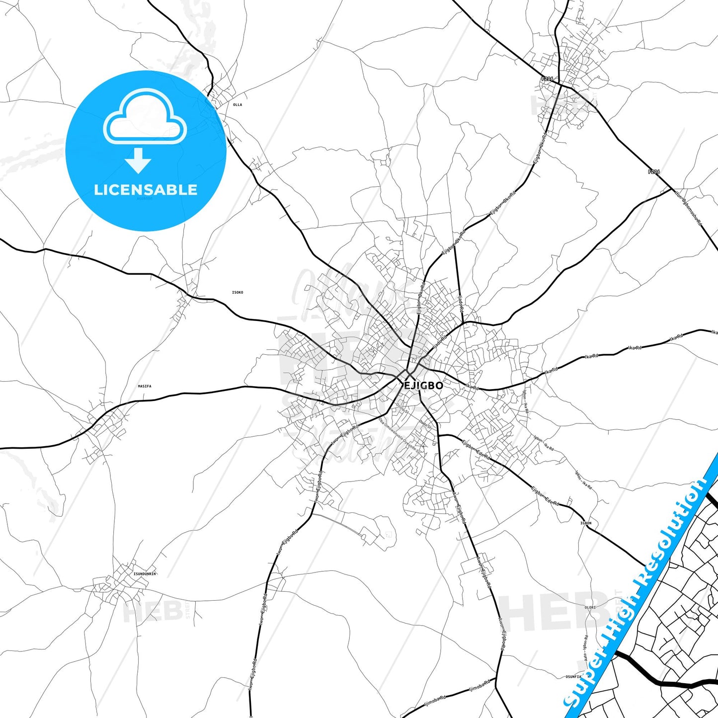 Ejigbo, Nigeria Light Map with Street Names, City Names, and Districts