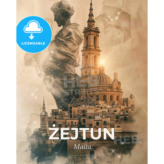 Żejtun City Skyline Double Exposure Poster Art - A statue on a city - Square format print template