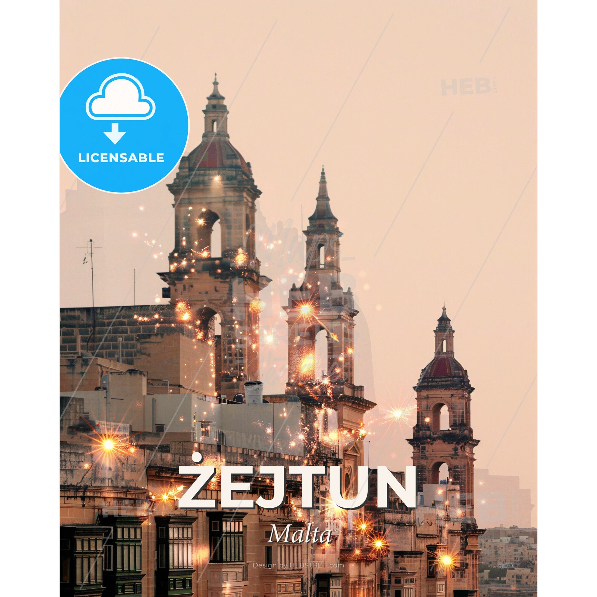 Zejtun Malta Double Exposure Art Print - A building with towers and fireworks - Square format print template