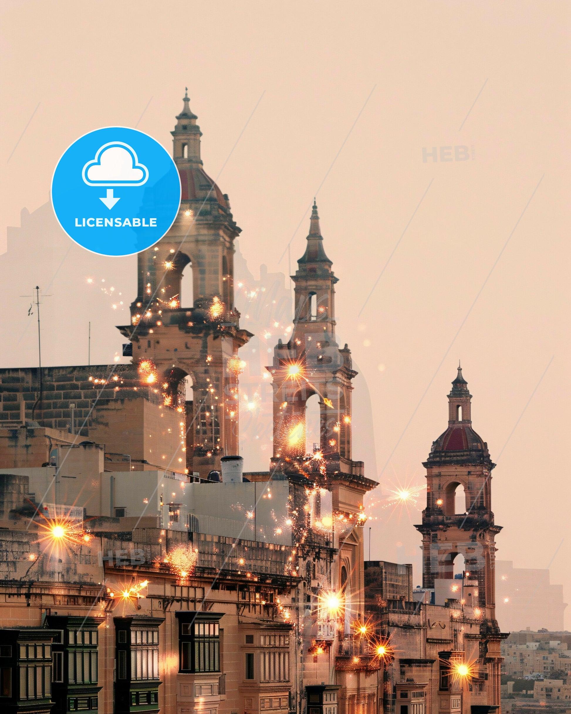 Zejtun Malta Double Exposure Art Print - A building with towers and fireworks