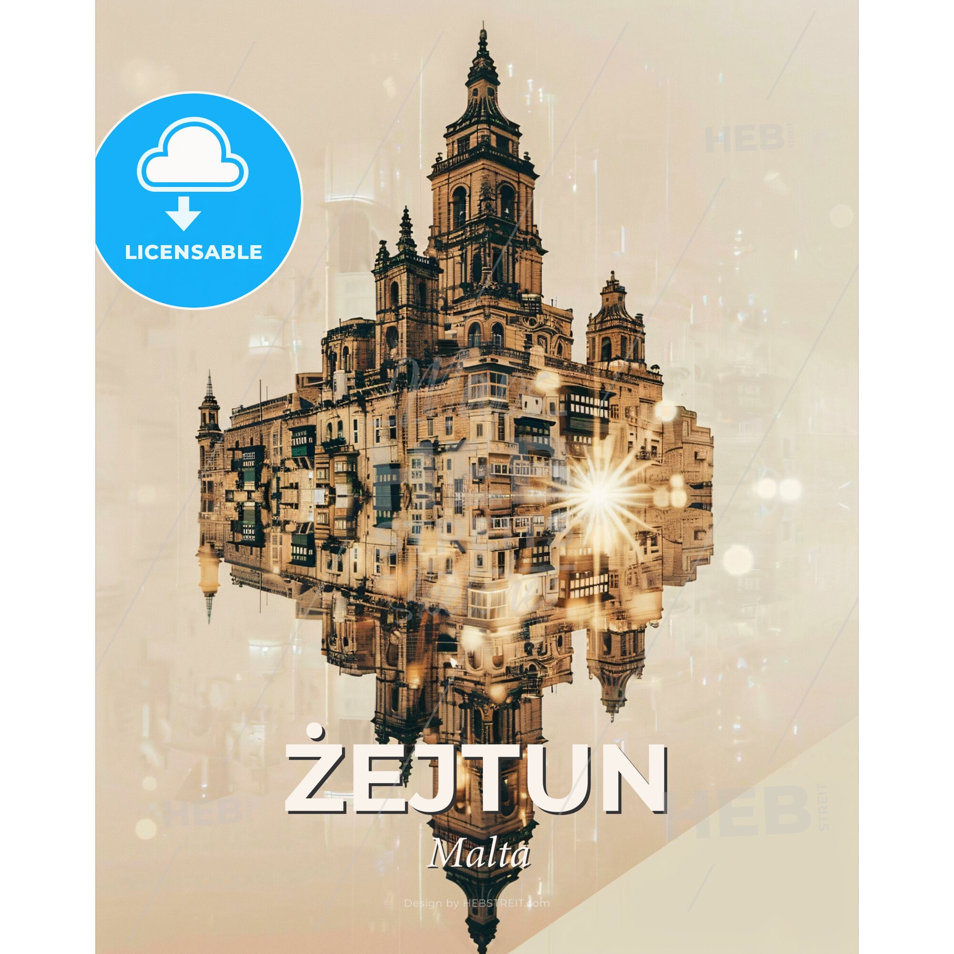 Zejtun Azure Skyline Iconography Composite Art - A building with a tower and a tower - Square format print template