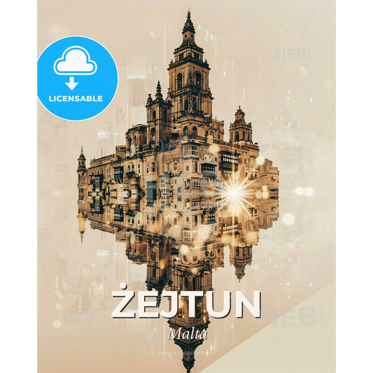 Zejtun Azure Skyline Iconography Composite Art - A building with a tower and a tower - Square format print template