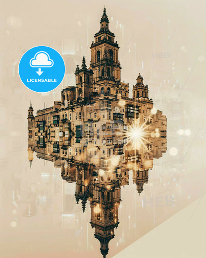 Zejtun Azure Skyline Iconography Composite Art - A building with a tower and a tower