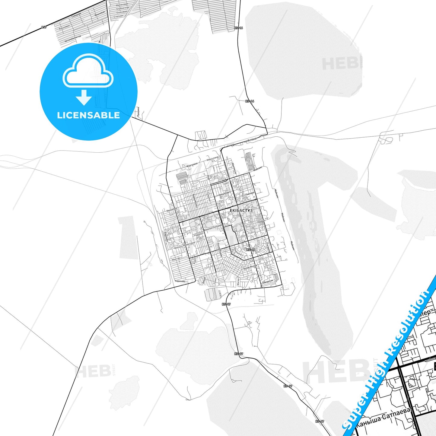 Ekibastuz, Kazakhstan light map with streetnames, citynames and districts